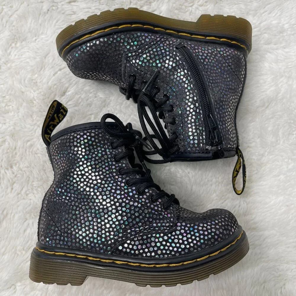 Dr. Martens Kid's Toddler Black #1460T Metallic Suede Lace Up Boots Shoes Size 7